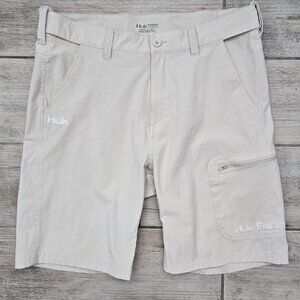 HUK Next Level Fishing Shorts Men Khaki Stretch Waist Cargo Performance XL